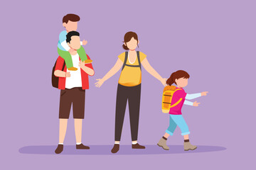 Fototapeta premium Character flat drawing hiking family with two children. Group of people with backpacks on mountain landscape. Mom, dad, son and daughter. Family time, holiday logo. Cartoon design vector illustration