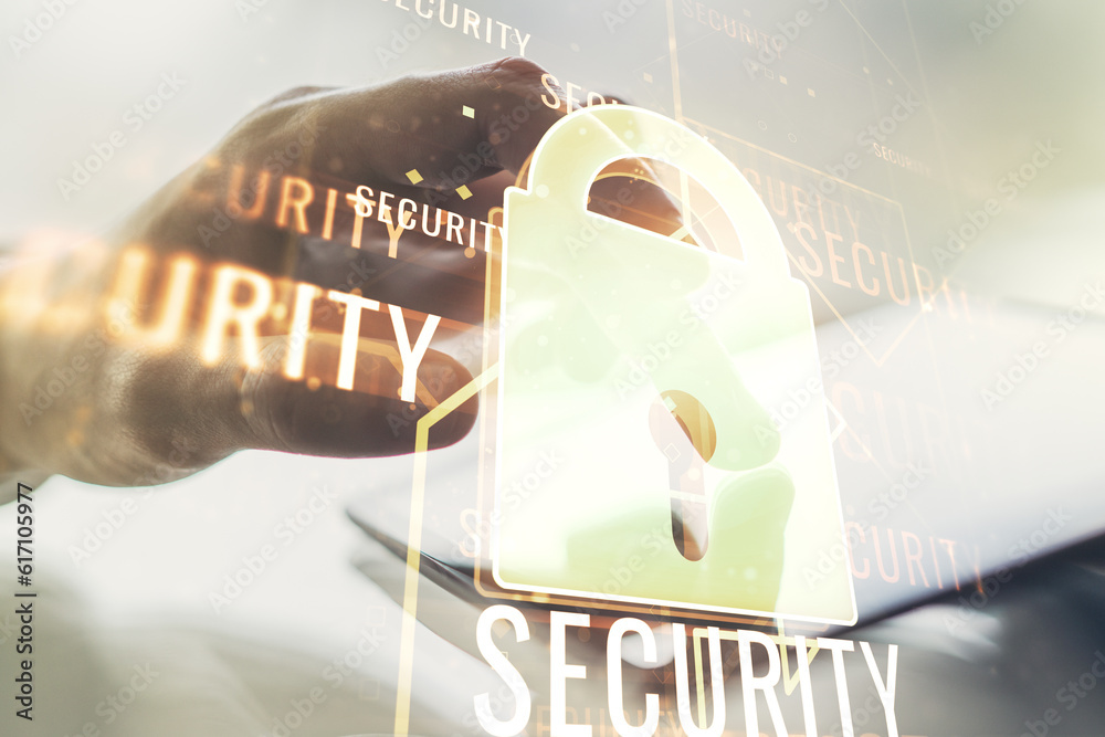 Aufkleber creative lock sketch with chip hologram and hand working with a digital tablet on background, protec