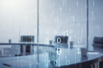 Abstract virtual binary code illustration on a modern conference room background. Big data and coding concept. Multiexposure