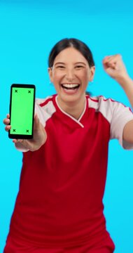 Phone, screen and celebration of woman with chroma key, marketing and athlete happy, winning and success or mockup. Winner, face and portrait of person in sports, competition on blue background