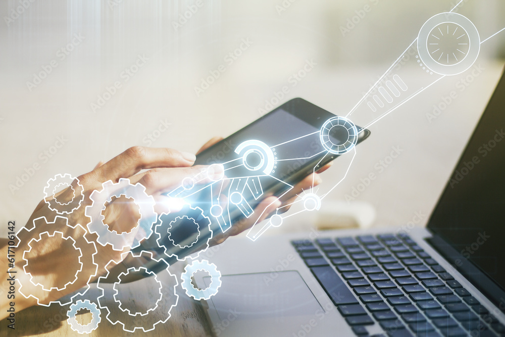 Aufkleber Creative abstract robotics technology hologram and finger presses on a digital tablet on background, artificial intelligence and machine learning concept. Multi exposure