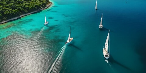 Beautiful sailboats sailing in a team on a sea of turquoise clarity was captured by an aerial drone. generative ai.