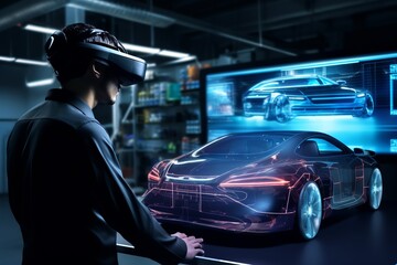 Automotive Engineer Leverages Virtual Reality Headset for Virtual Electric Car 3D Model Design Evaluation and Enhancement. Vehicle Prototype Assessed and Fine-tuned, Generative AI