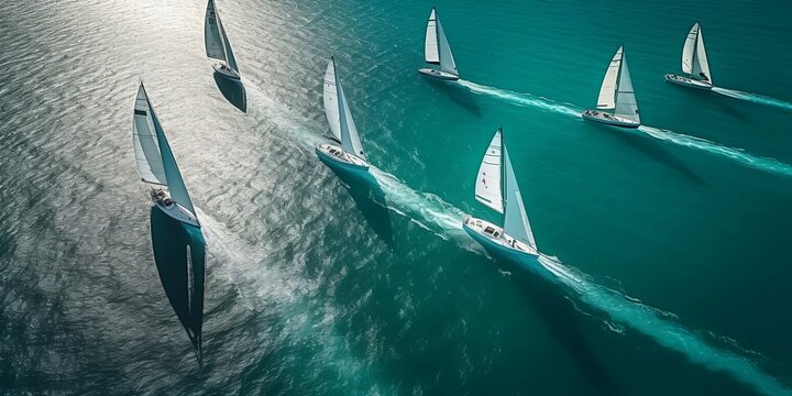 Beautiful sailboats sailing in a team on a sea of turquoise clarity was captured by an aerial drone. Finest generative AI