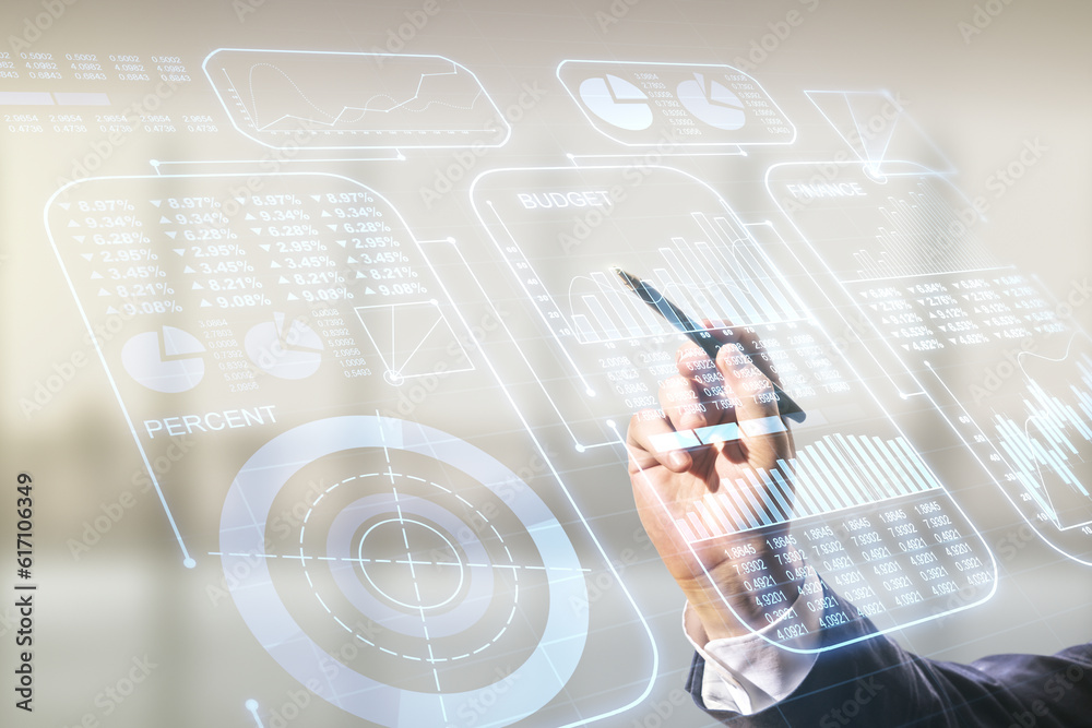 Poster Multi exposure of businessman hand with pen working with creative statistics data hologram on blurred office background, stats and analytics concept