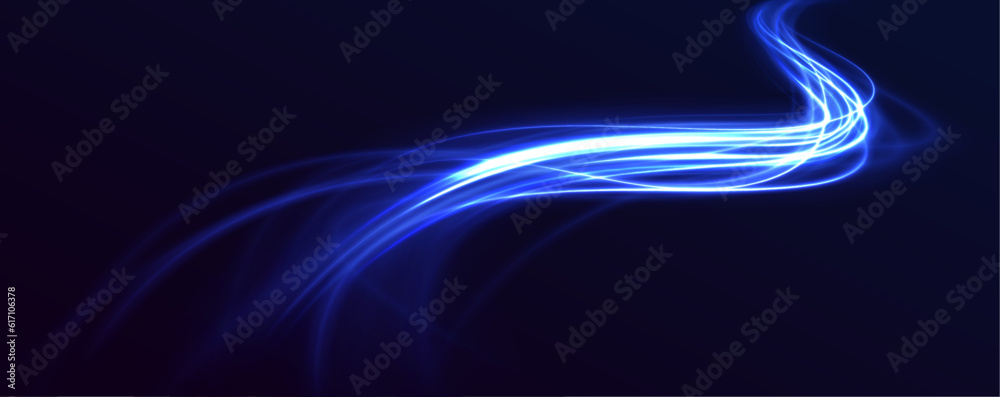 Poster neon color blurred motion on speedway. acceleration speed motion on night road. panoramic high speed