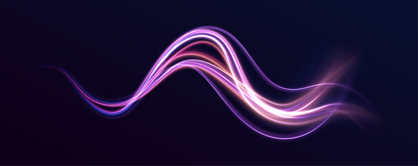 Fototapeta Futuristic dynamic motion technology. Neon color glowing lines background, high-speed light trails effect. Purple glowing wave swirl, impulse cable lines.	 obraz