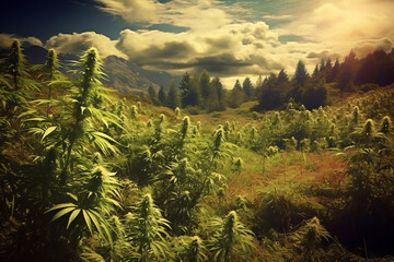 Cannabis Field in Sunset Sun. Generative ai illustration of organic Marijuana Plants.