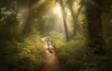 Girl with a dog walking along a path in the woods created with Generative AI technology