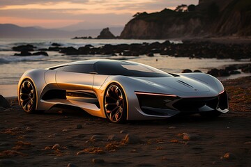 Fototapeta na wymiar futuristic hyper car on the sunset beach