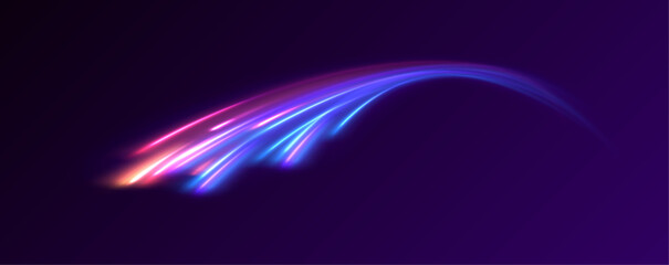 Lines in the shape of a comet against a dark background. Radial color spirals. Acceleration speed motion on night road. Bright sparkling background. 