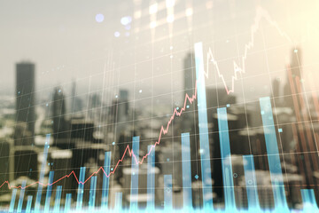 Multi exposure of abstract virtual financial graph hologram on blurry skyline background, forex and investment concept