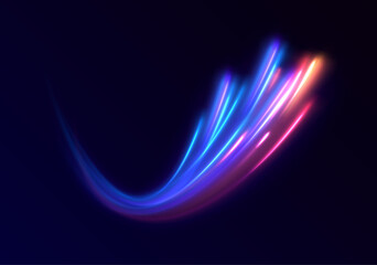 Vector speed of light in space on dark background. Abstract background in blue, yellow and orange neon colors.