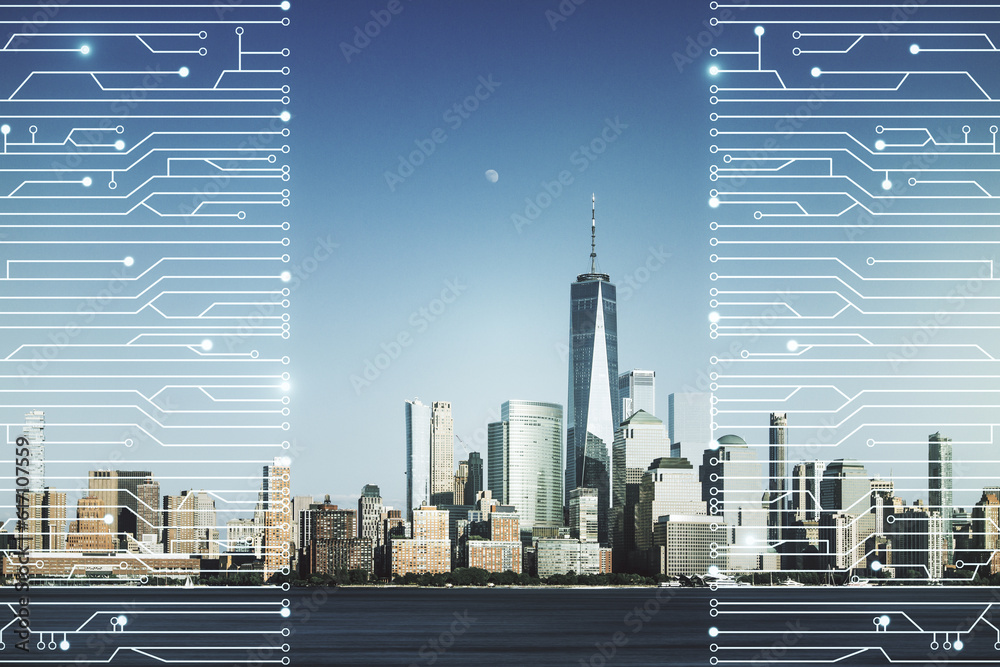 Aufkleber abstract virtual micro chip hologram on new york cityscape background, artificial intelligence and m