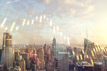 Multi exposure of abstract financial diagram and world map on Manhattan office buildings...