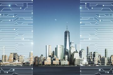 Abstract virtual micro chip hologram on New York cityscape background, artificial intelligence and...