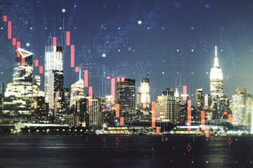 Fototapeta premium Economic crisis chart and world map hologram on New York cityscape background, bankruptcy and recession concept. Multiexposure