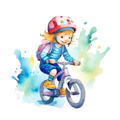 Fototapeta na wymiar Vibrant Watercolor Design Celebrating School Kid Cycling to Class. Perfect for Watercolor t shirt design. Generative AI