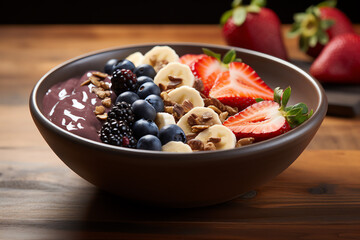 Acai Bowl berries, bananas, and other mixed fruits sliced strawberries, blueberries, granola, coconut flakes, and a drizzle of honey Generative AI