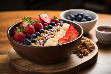 Acai Bowl berries, bananas, and other mixed fruits sliced strawberries, blueberries, granola, coconut flakes, and a drizzle of honey Generative AI
