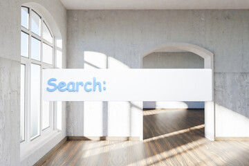 search box text floating in air standing in luxurious loft apartment with arched window and minimalistic interior living room design; 3D Illustration