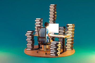 man sitting at pc office workplace on infinite background with stacks of document binders; workload stress burnout concept; 3D Illustration