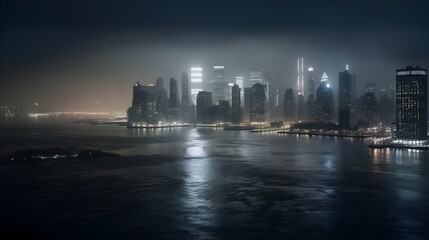 Obraz premium Captivating misty metropolis skyline with illuminated skyscrapers reflected on water at night.
