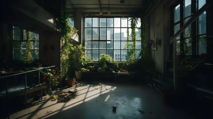 Abandoned City Building with Natural Light and Greenery Through Empty Windows.