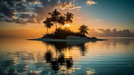 Tranquil Sunset Scene over Tropical Beach in an island with Palm Trees and calm sea, Reflecting Clouds