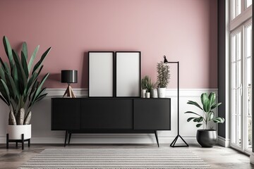 Living room in black and white with a door, a sideboard, and a plant pot against a pink background. original composition copy space on a light background. for a website, presentation, studio, or cloth