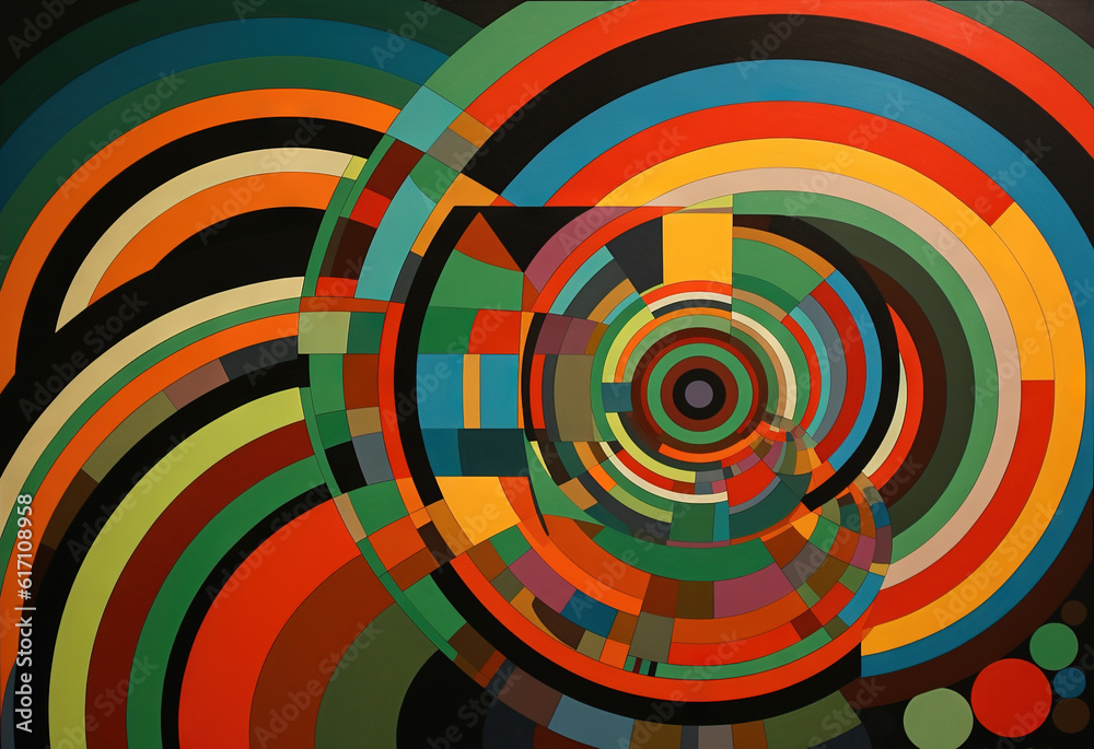 Poster Abstract background in the style of expressionism, modern and Bauhaus. Artistic abstraction with colorful circles and lines. Generative AI.