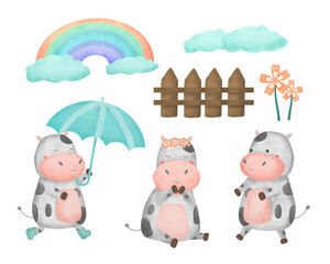 Set of Cartoon Animals in Water color Illustration