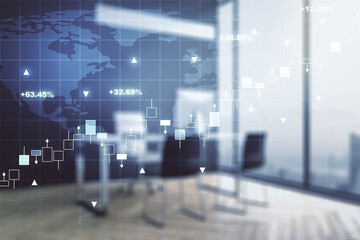 Abstract creative financial graph with world map and modern desktop with computer on background, forex and investment concept. Multiexposure