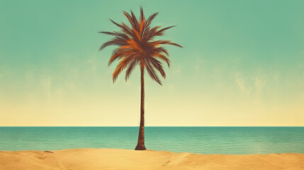 Fototapeta na wymiar Palm tree on the sand of the beach. Vacation scene with palm on the shore line. Generative AI.