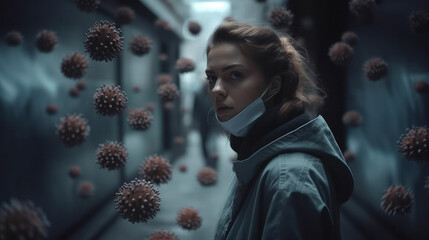 girl doubts about wearing a mouth mask while the corona covid-19 virus is still around - ai generative