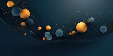 Abstract geometric background. Curved, lines and spheres. Deep blue and gold. Generative AI illustration