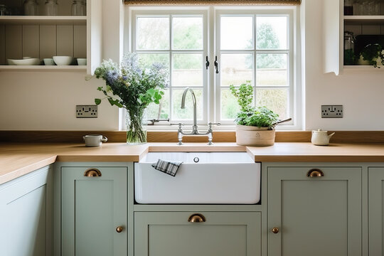 Generative AI illustration of rustic kitchen with green cabinets, white sink windows and wooden counter top