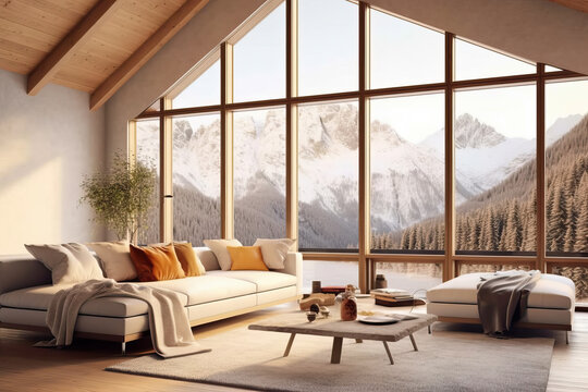 Generative AI illustration of modern living room interior with comfortable sofa and table coffee decorated with potted plant against panoramic windows overlooking winter snowy mountains with trees