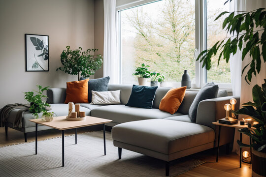 Generative AI illustration of modern living room interior with comfortable sofa and table coffee decorated with potted plants against windows overlooking trees