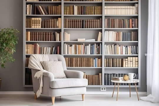 Generative AI illustration of modern library with cozy armchair and book shelves with books arranged in room with potted plant