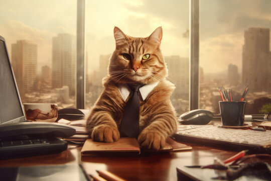 Cat top manager in a suit sitting in the big office. Generative ai illustration of office animal worker.