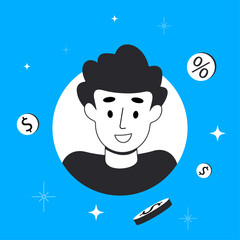 Creative social media illustration of a young man thinking about how to buy or exchange currency and bitcoins or to take a credit better