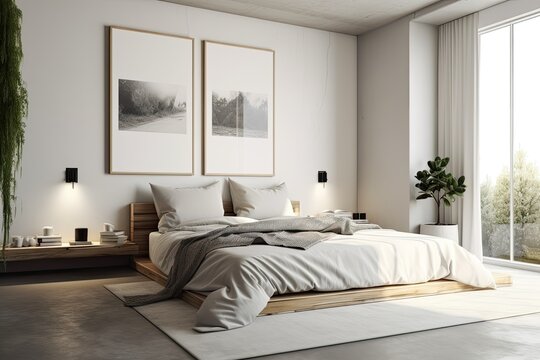 Light, adorable, and comfortable home interior bedroom. blank canvases. Generative AI
