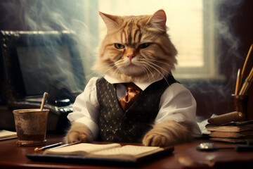 Cat top manager in a suit sitting in the big office. Generative ai illustration of office animal worker.