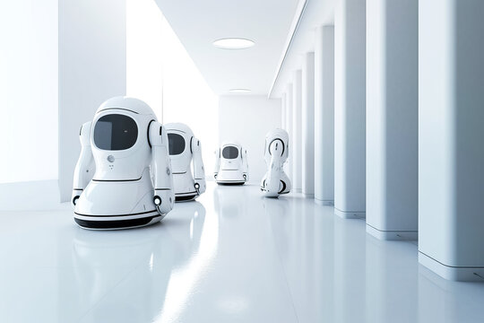 Generative AI illustration of modern white smart robots moving out in line over white smooth floor in bright passage of innovative modern apartment