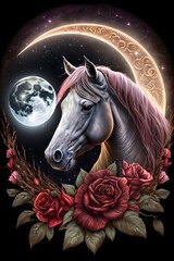 a Split Image of bright round shining moon a horse head Aurora Roses magical Transition highly detailed sharp focus 