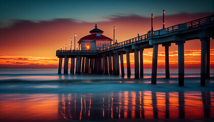 Manhattan Beach Pier at sunset, Los Angeles, California Ai generated image