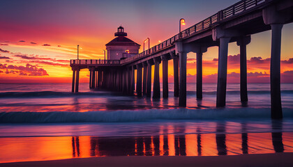 Manhattan Beach Pier at sunset, Los Angeles, California Ai generated image