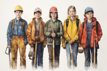 Group of teens with helmet and tools, apprentice for a job, learning new skills, generative AI - obrazy, fototapety, plakaty