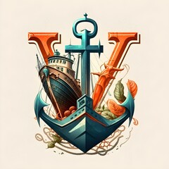 design logo for port with anchor and fish and ship anchor in letter V vector minimalistic 